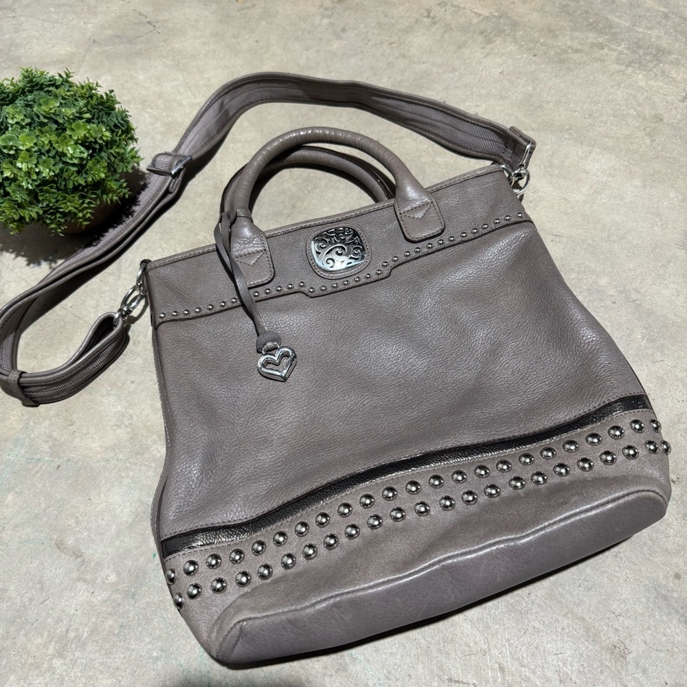 Brighton Rockwell Tote‎ Bag Purse Gray Leather Studded Grunge Goth Biker Western